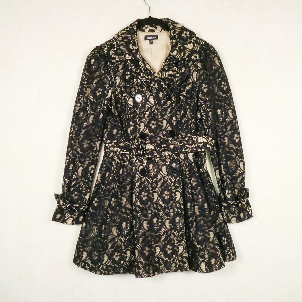 bebe Black Lace Trench Coat Size M Lace Up Corset Back Goth Whimsigoth Coquette